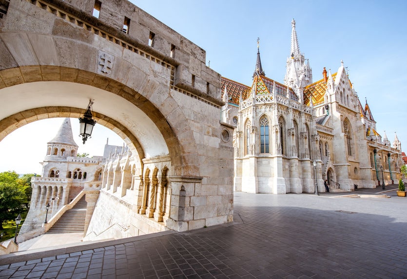 Morning view on the arch of Fishermans bastion and Mattias church in Budapest, Hungary